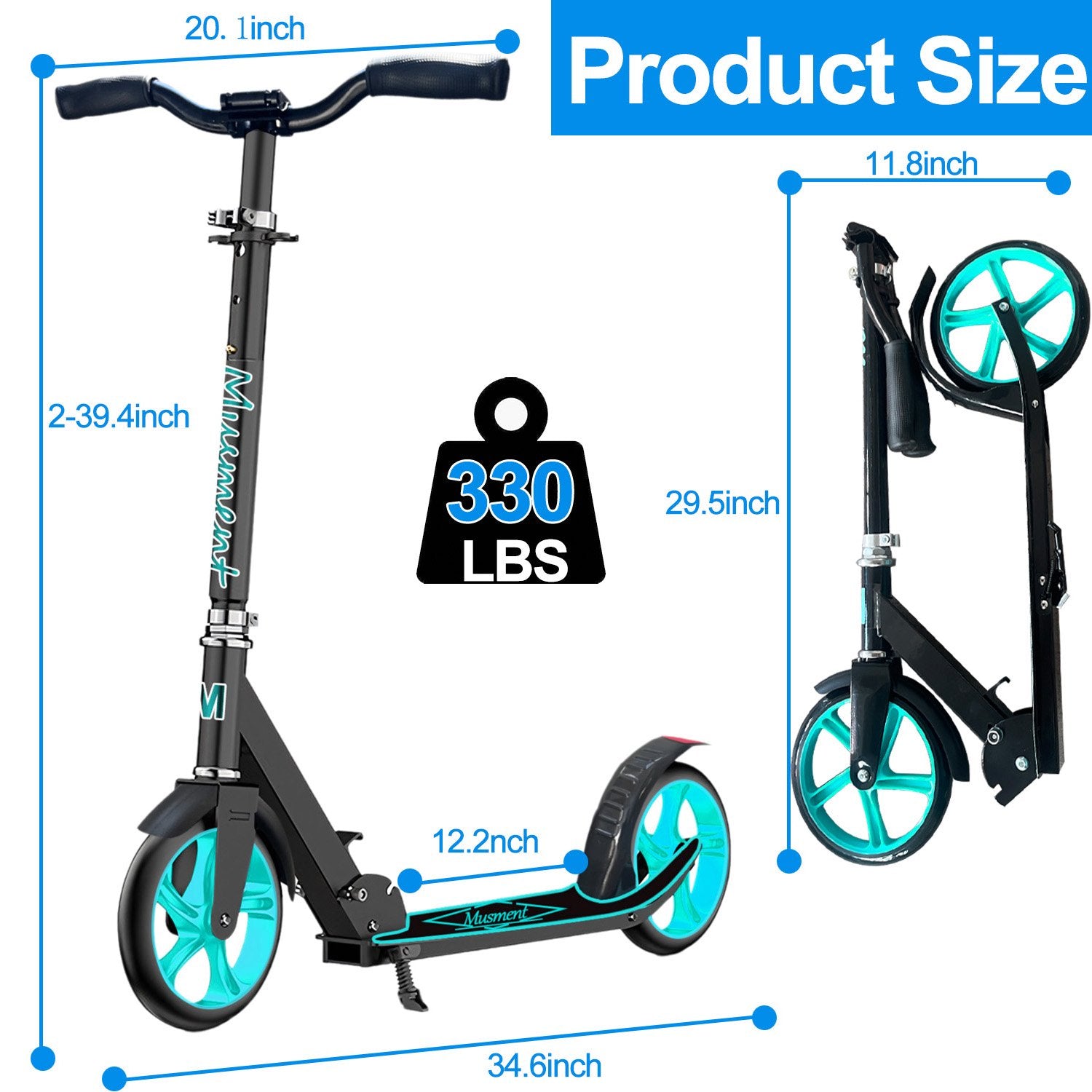 Foldable Scooter -200mm Big Wheels 4 Levels Height Adjustable for Kid, Teens & Adults - Unisex, Black