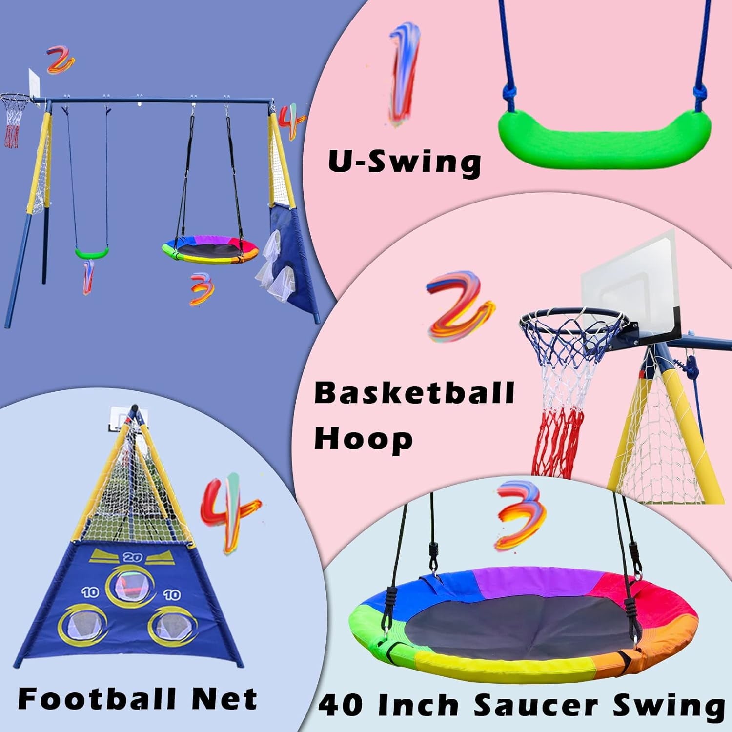 Swing Sets for Outside, A-Frame Swing Set with Basketball Hoop & Soccer Goal