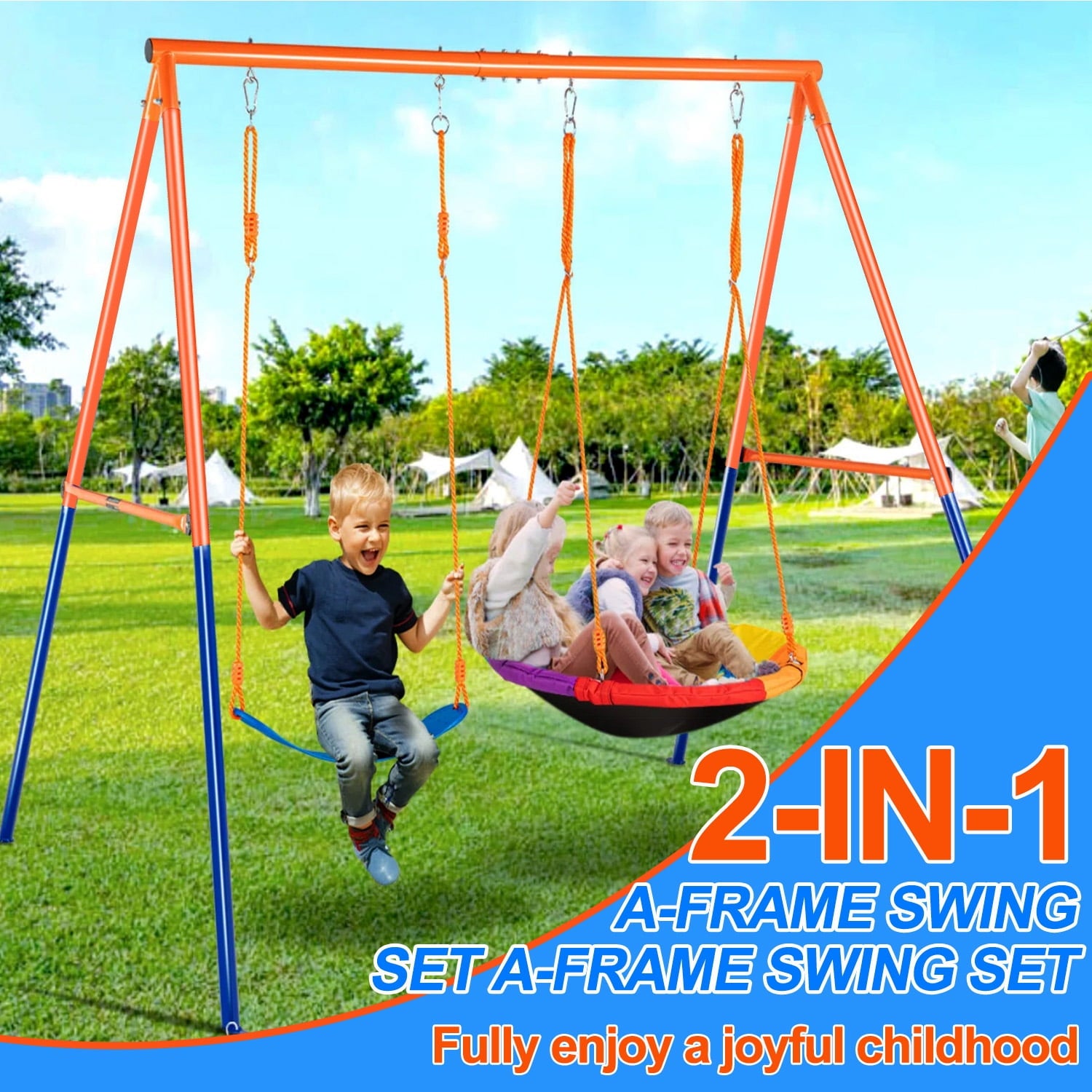 Swing Set for Kids, Heavy Duty Frame Metal Swing Stand with 1 Saucer & 1 Belt Swing Seat for Outdoor