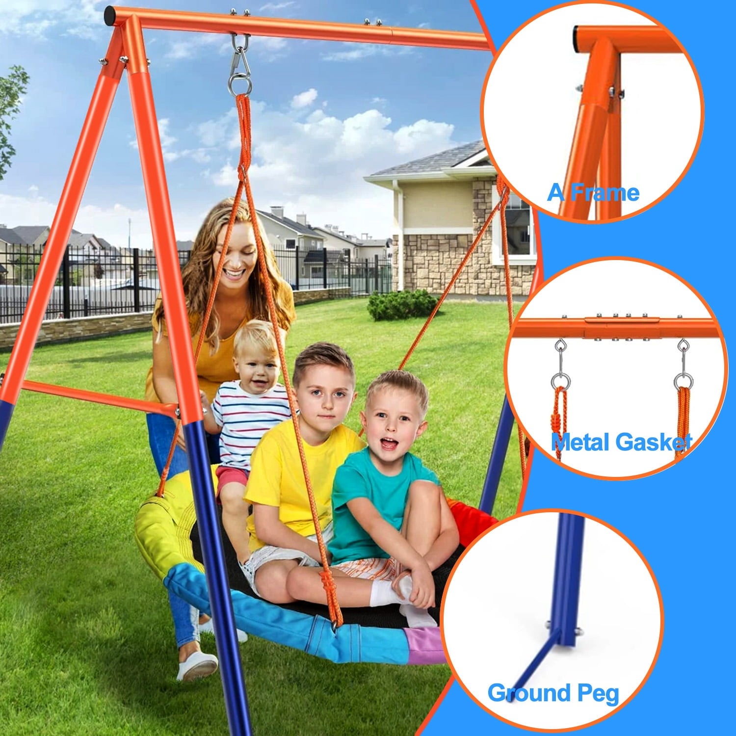 Swing Set for Kids, Heavy Duty Frame Metal Swing Stand with 1 Saucer & 1 Belt Swing Seat for Outdoor