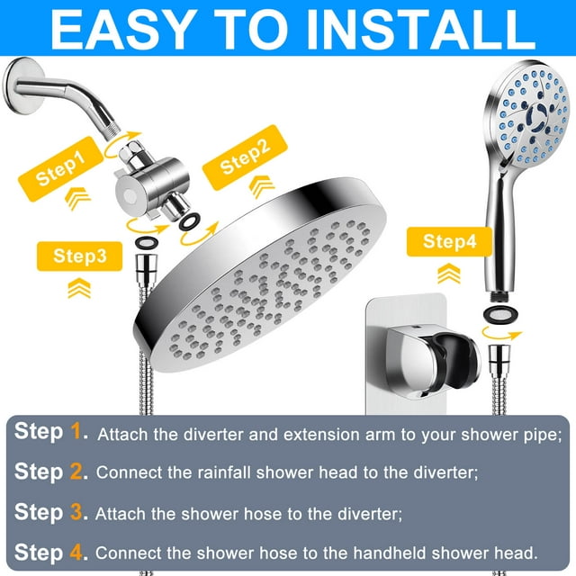 Shower Head, 8" High Pressure Shower Head, Adjustable Stainless Steel Polished Chrome Rain Shower Head with Durable Nozzles