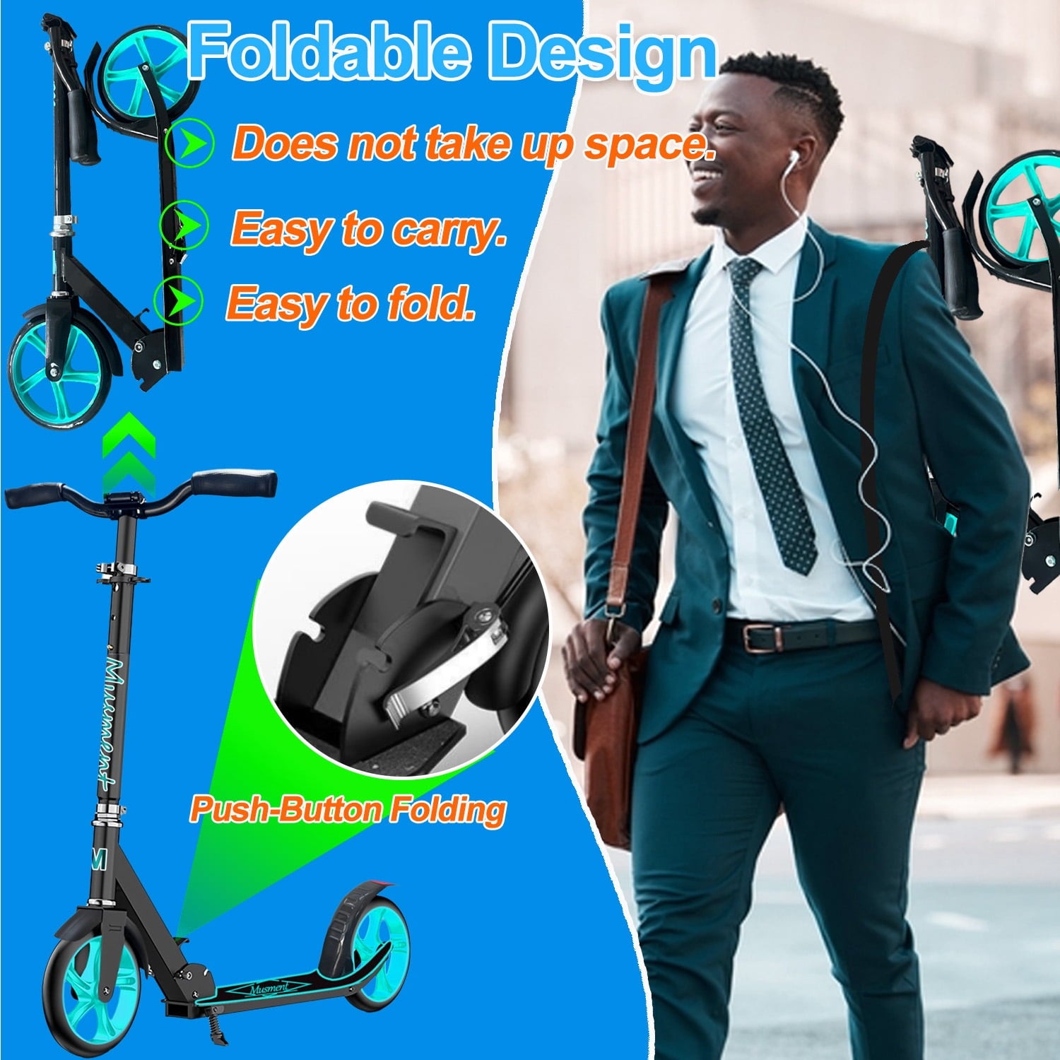 Foldable Scooter -200mm Big Wheels 4 Levels Height Adjustable for Kid, Teens & Adults - Unisex, Black