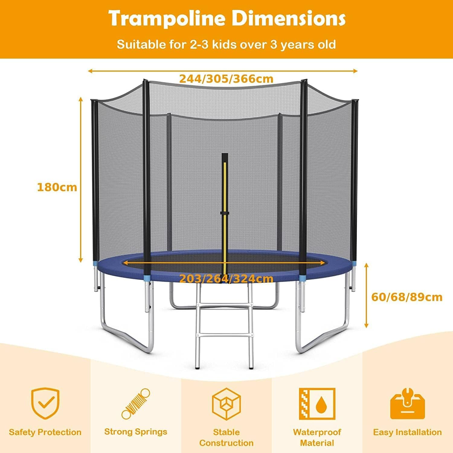 Kids Trampoline, Outdoor Toddler Trampolines with Safety Enclosure Net