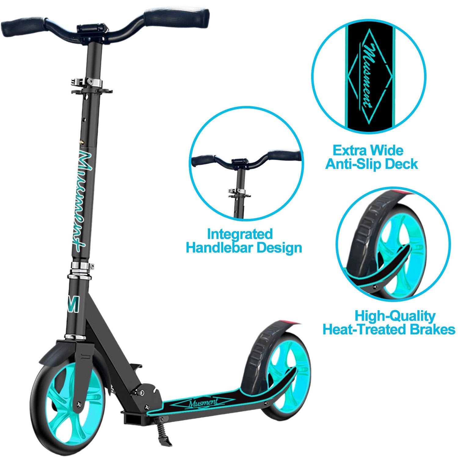 Foldable Scooter -200mm Big Wheels 4 Levels Height Adjustable for Kid, Teens & Adults - Unisex, Black