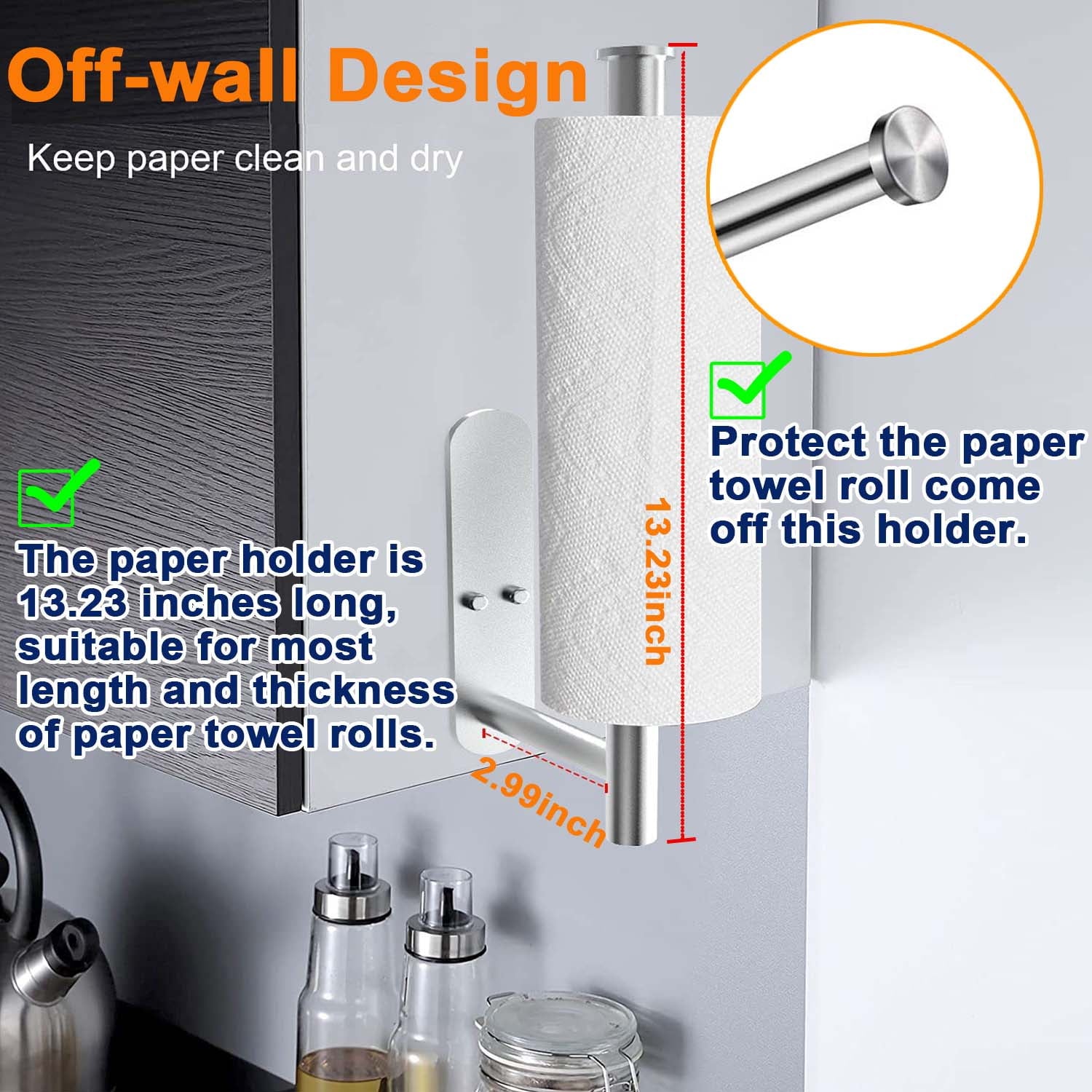 Paper Towel Holder with 2 Pack Adhesive Hooks, Stainless Steel Paper Towel Holder Wall Mount,Under Cabinet Paper Towel Holder-Silver