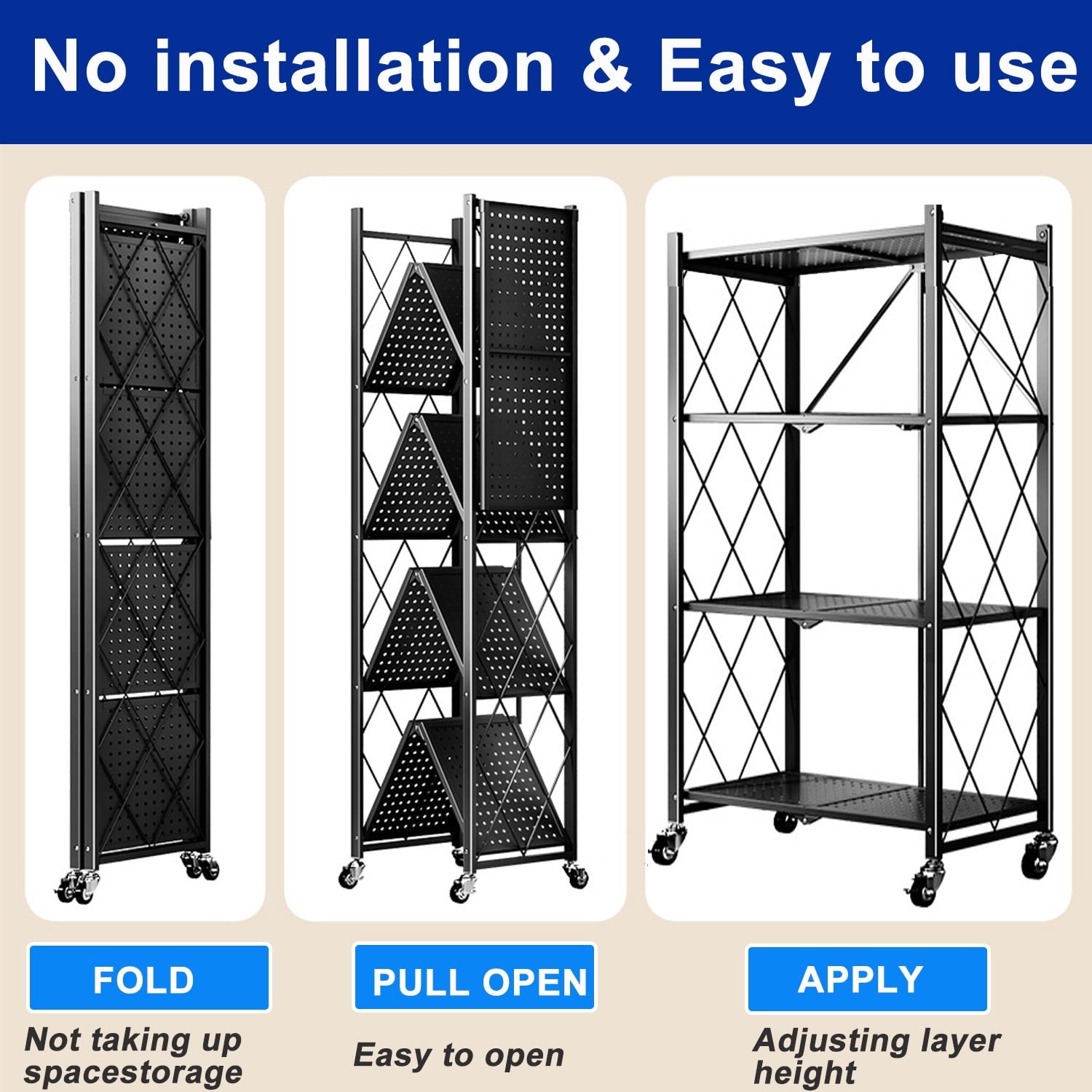 4-Tier Storage Shelving Unit, Foldable Storage Shelves Wire Shelving Unit Adjsutable Shelf Heavy Metal Shelf, 250lbs Capacity Free Standing Racks Organization