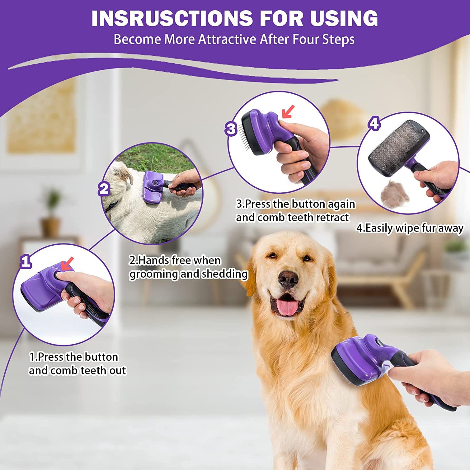 Dog Brush & Cat Brush - Self Cleaning Slicker Brush + Comb included, for Shedding and Grooming Loose Undercoat, Mats - for Small, Medium & Large Dogs and Cats with Short to Long Hair, Purple